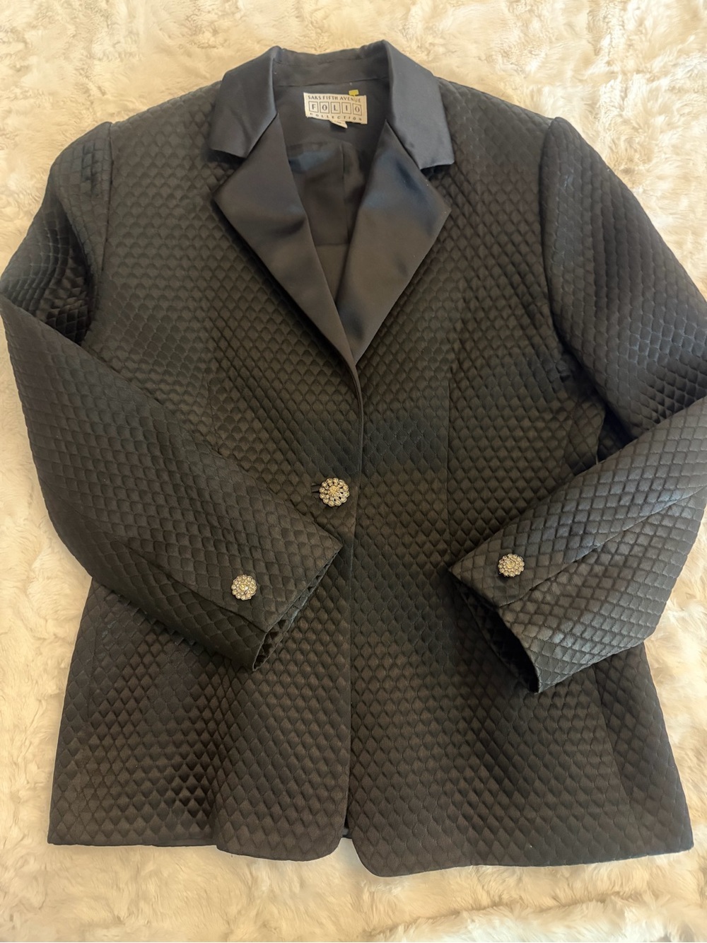 Saks Fifth Avenue Black Quilted Satin-Trim Blazer with Rhinestone Buttons